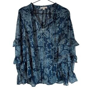 Frye and Co Navy Blue Sheer Paisley Print Peasant Top‎ Large Boho Ruffle Sleeve